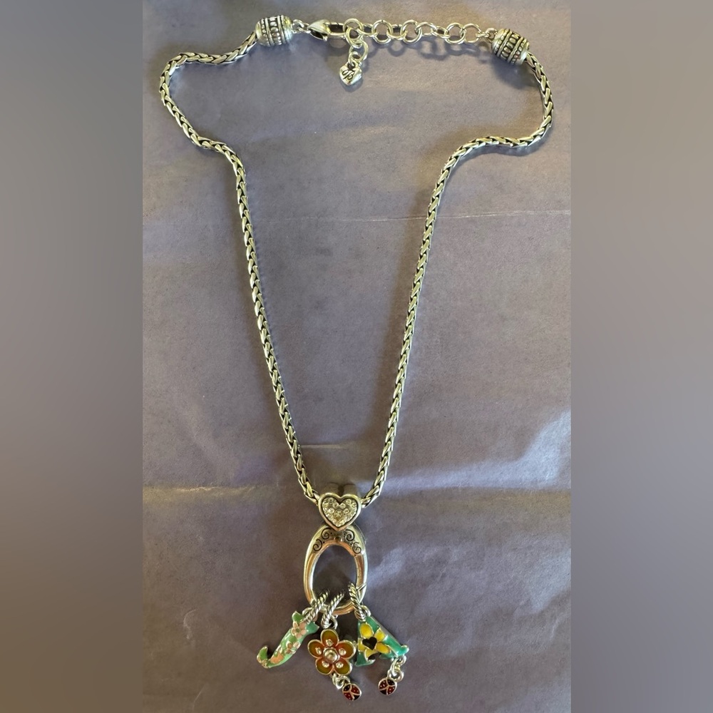 BRIGHTON Silver Heart Pendant Necklace with Crystal Accent and Charms